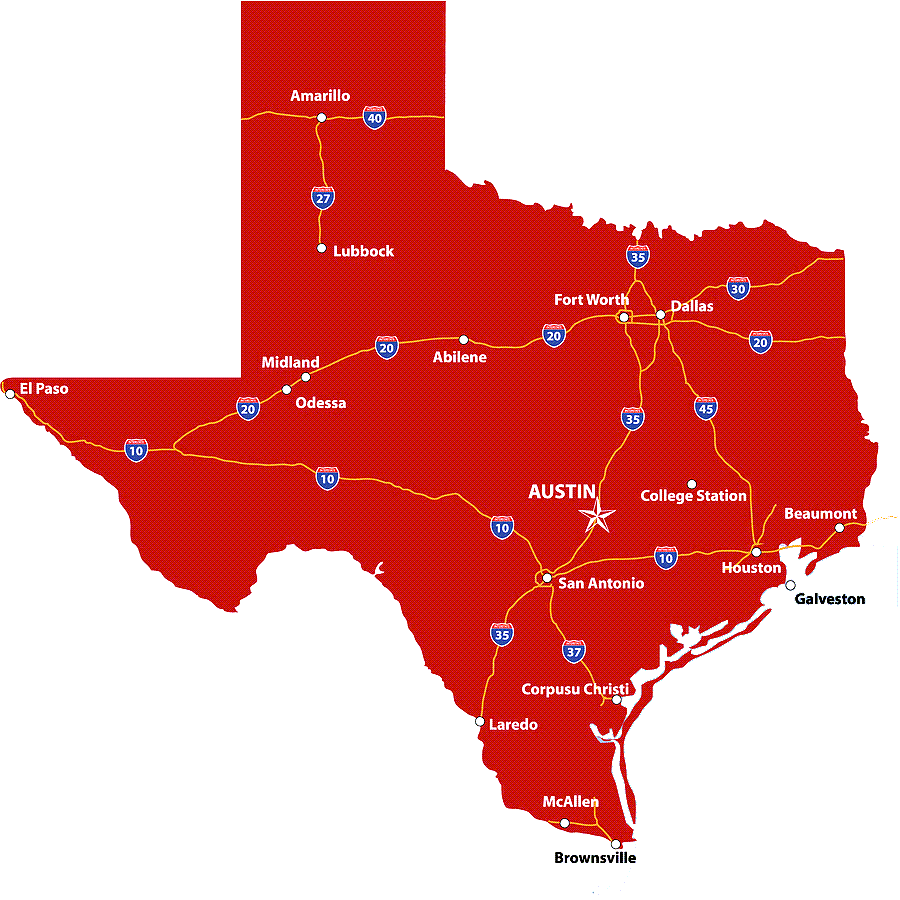 State of Texas Image with Interstates Showing